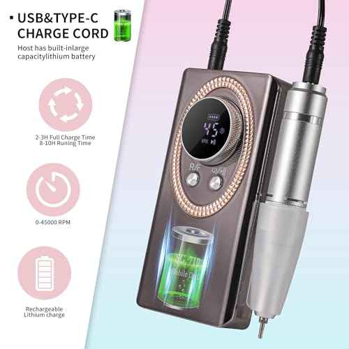 Electric Nail File for Acrylic Nail Kit, 45000RPM Electric Nail Drill Professional Manicure Pedicure Set with Nail Drill Kit Bits, Efile Cordless for Manicure