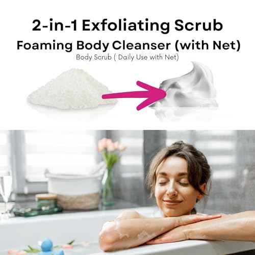 Pelican Soap Cream Body Scrub with Sea Salt, Peach Extract & Aloe Vera, Full Body Scrub Exfoliant Dead Skin Remover for Sensitive Skin & Rough Skin, Turns into Creamy Foam with Net from Japan, 6.35 Oz