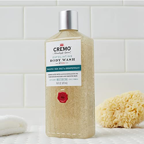 Cremo Rich-Lathering Exfoliating Pacific Sea Salt & Grapefruit Body Wash for Men, A Refreshing Scent with Notes of Fresh Mint, Citron, Cedar and Moss, 16 Fl Oz