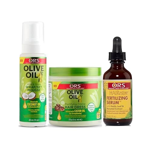 ORS Olive Oil Wrap Set Mousse Infused with Coconut Oil, Hairdress Infused with Castor Oil, and HAIRestore Fertilizing Serum with Nettle Leaf and Horsetail Extract - Bundle