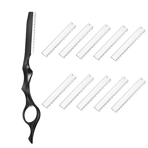 11Pcs Hair Styling Thinning Razor Set - 1 Razor, Thinning Comb, Texturizing Cutting Razor and 10 Replacement Stainless Steel Blades for Salon & Home Use (Black)