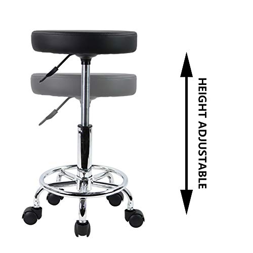 KKTONER PU Leather Rolling Stool with Foot Rest - Black