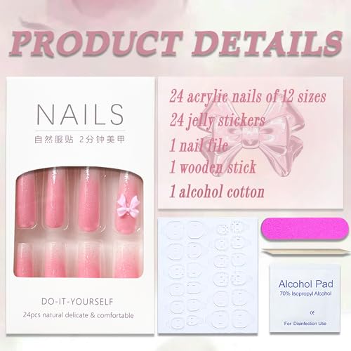 Pink White Long Square Press on Nails French Tip Fake Nails 5D Star Bow Pearl False Nails with Designs Cute Acrylic Nails Full Cover Glossy Glue on Nails Artificial Nails for Women Girls 24Pcs