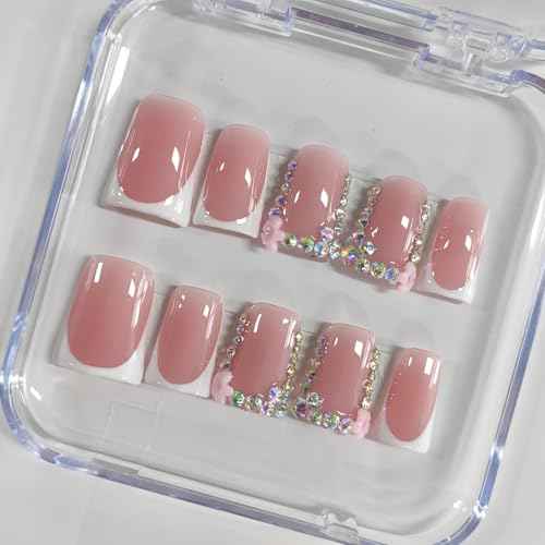 Handmade Press on Nails Short Duck White French Tip Thick Acrylic Fake Nails 3D Floral False Nails with Rhinestones Pink Flower Designs Elegant Sturdy Nail Art Press on Nails 10Pcs(S)