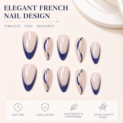 Navy Blue Almond Press On Nails - 24pc Glitter Gold French Tip