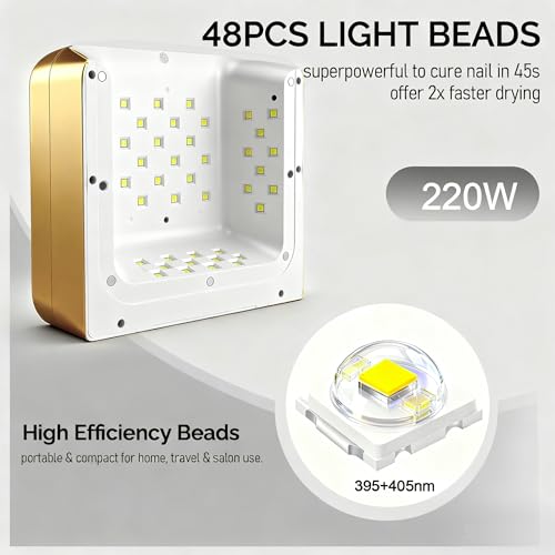 Cordless UV Nail Lamp 220W, Professional LED Nail Lamp with 48 Beads & Touch Display, Rechargeable UV Light for Gel Nails Built-in 3-Timer Modes & Auto Sensor, Fast Curing Nail Dryer (Gold)