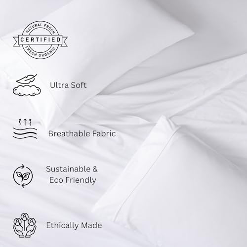 LANE LINEN 100% Organic Cotton Full Size Bed Sheets, Super Soft Long Staple Cotton Bed Sheets Full Size, Percale Weave Bedding Sheets and Pillowcases - White Full Sheet Set Fits 15" Deep Mattress