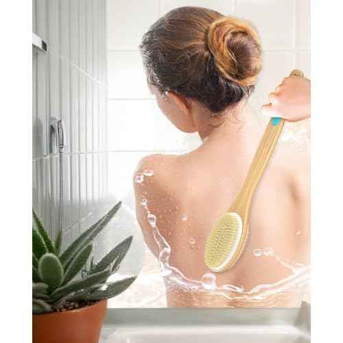 Back Scrubber for Shower, Long Handle Dual-Sided Shower Brush with Soft and Stiff Bristles, Body Exfoliator