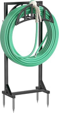 Black Textured Garden Hose Reel Holder - 150ft Heavy-Duty Metal Stand with Stakes & Hooks