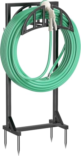 Black Textured Garden Hose Reel Holder - 150ft Heavy-Duty Metal Stand with Stakes & Hooks