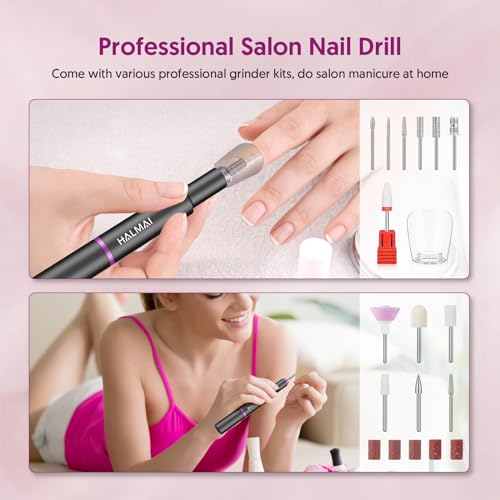 HALMAI Electric Nail Drill Machine, Cordless Portable Nail File Kit for Acrylic,Gel Nails, Rechargeable Professional Acrylic Manicure Pedicure Machine for Home with Max 20000 RPM