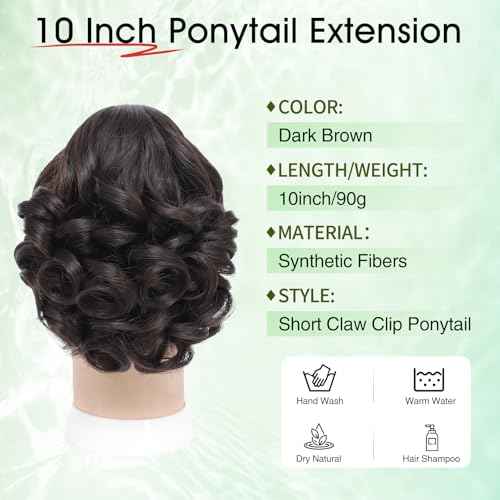 Ponytail Extension,10" Claw Clip in Ponytail Extensions Short Curly Ponytail Hairpiece for Women Fluffy Natural Synthetic Pony Tails for Daily Use(Dark Brown)