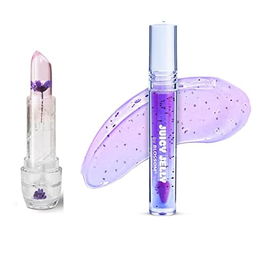 Blossom Juicy Jelly Moisturizing Lip Care Fruit Flavored Nourishing Lip Oil + pH Technology Custom Color Changing Strawberry Crystal Lip Balm, 2 Pack Bundle, Grape/Purple