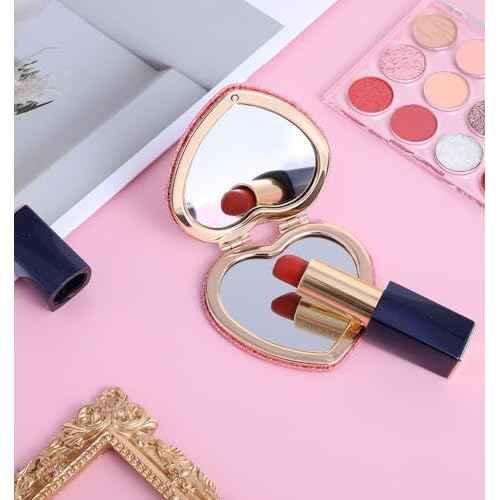 Pink Compact Mirror, Double-Sided Heart Compact Mirror, Magnetic Folding Purse Mirrors Compacts for Girls, Kids, Home Office, Valentine's Day