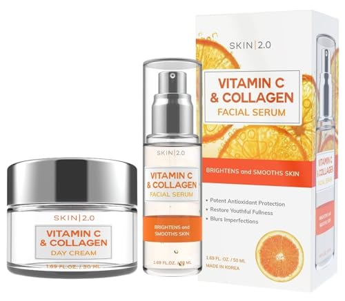 Vitamin C & Collagen Serum & Day Cream Value Set - Dermatologist Tested Korean Skin Care for Dark Spots & Brightening - Anti Aging Acne Facial Serum - Cruelty Free - For All Skin Types - by Skin 2.0