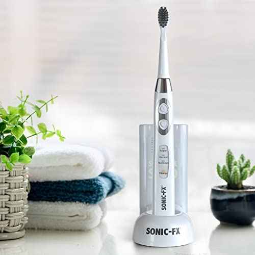 Sonic-FX Solo Electric Toothbrush w/ 10 Brush Heads + 1 Interdental, Charcoal Bristles, Rechargeable, Charging/Storage Base, 3 Brush Modes, Smart Timer, 2 Months Use on Full Charge, White Color