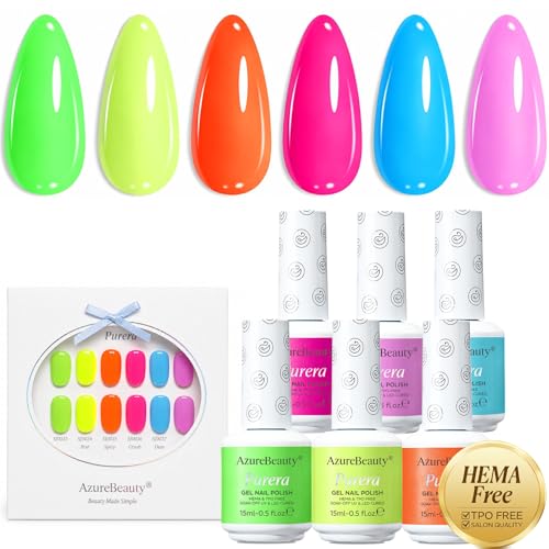 AZUREBEAUTY Neon Shot HEMA-Free 15ML Gel Polish Set - 6 Bright Colors for Nails