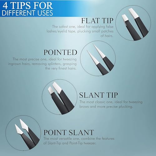4-Piece Tweezers Set, High Precision Stainless Steel Eyebrow Tweezers for Facial Hair, Inward Growing Hair and Splinter Remover Kit, Suitable for Women and Men with Leather Travel Case