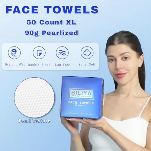 XL Disposable Face Towels,100% Biodegradable,Ultra Soft Makeup Remover Wipes for Sensitive Skin, 10 x 12 "50 Ct, 1 pack