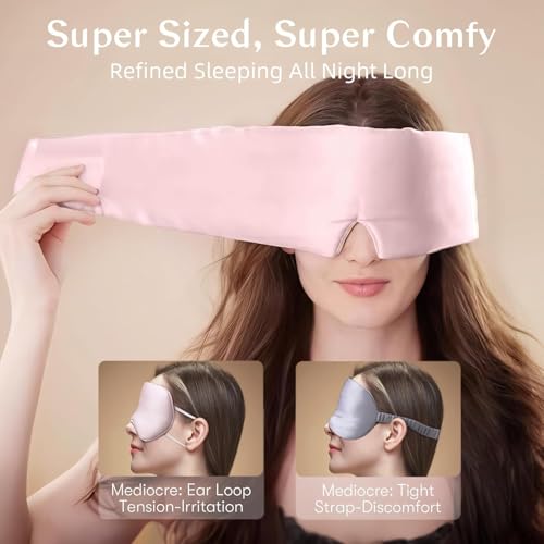 100% Natural Silk Eye Mask for Women Men, Soft Pressureless Cooling Blackout Eye Covers for Sleeping, Large Size Sleep Mask fits All Heads Adjustable, Lotus Pink