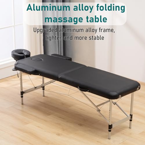 24" Black Portable Massage Bed - Foldable & Adjustable Aluminium Frame, 2 Fold Version