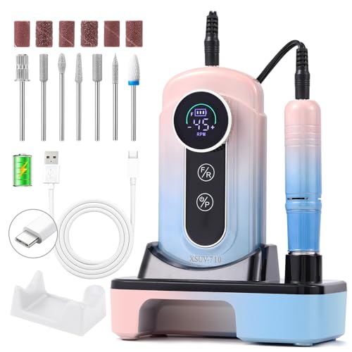 Electric Nail Drill Professional - 45000 RPM Cordless Nail Drill with Rechargeable Stand, Electric Nail File with Nail Lamp, Portable Nails Drills for Acrylic Gel Polishing Removing, Home & Salon Use