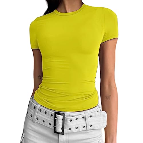 Abardsion Women's Casual Basic Going Out Crop Tops Slim Fit Short Sleeve Crew Neck Tight T Shirts (Yellow, XL)