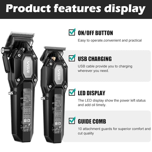 VGR Professional Hair Clippers for Men, Cordless Barber Clippers and Trimmers Set, Mens Hair Cutting Kit with 10 Guide Combs, USB Rechargeable Haircut Machine for Family, LED Display, Black