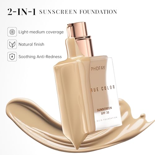 PHOFAY Matte Sunscreen Liquid Foundation SPF 30 (1.02 fl oz) - Long-Wearing Oil-Control, Concealing & Non-Greasy Buildable Coverage, Suitable for Most Skin Types, Daily & Outdoor Use (03#)