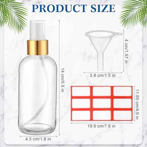 Fumete 2 Pack Glass Bottles 4oz Empty Refillable Liquid Containers with 1 Label 1 Funnel for Essential Oils Hair Travel Plants Cleaning Skin Care(Clear, Golden Top,Mist Bottle)