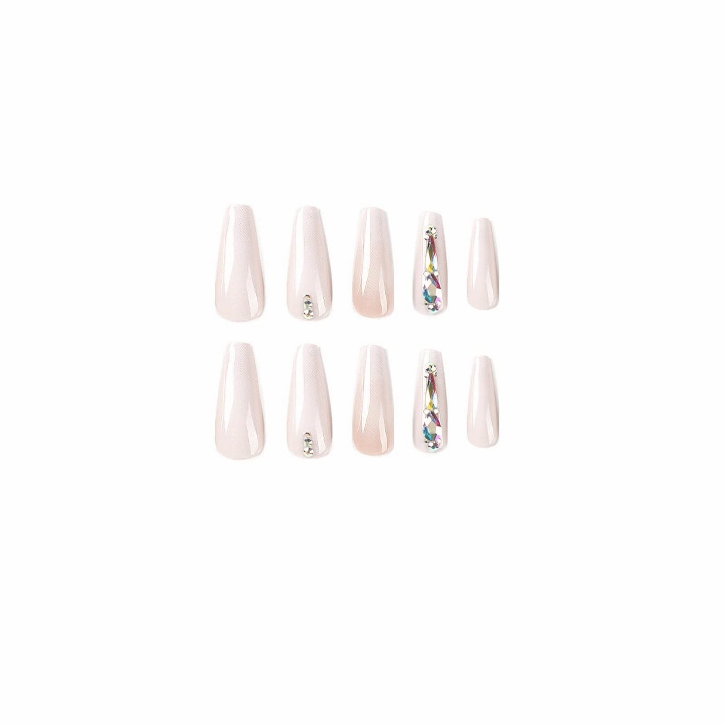 MISUD 24 pcs Coffin Press on Nails Long Ballerina Fake Nails Glossy Glue on Nails Natural Gradient Acrylic Nails Nude White Artificial Nails 3D Rhinestone Stick on False Nails with Design 24 pcs