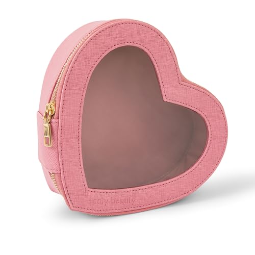Heart Makeup Bag ? Pink Heart Cosmetic Bag with Clear Cover ? Gift Ideas for Women, Mom, Girlfriends, Her - Large Capacity for Full Size Makeup, Skincare and Brushes