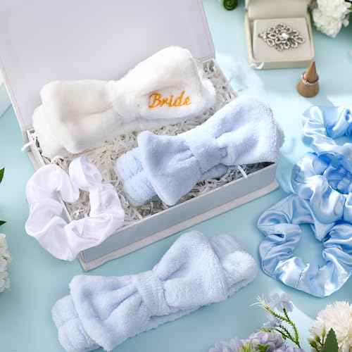 24 Pcs Bachelorette Party Favors Include 12 Bride Bridesmaid Spa Headband 12 Bridesmaid Gifts Scrunchies for Women Sleepover Spa Bachelorette Party Accessories Supplies(White,Blue)