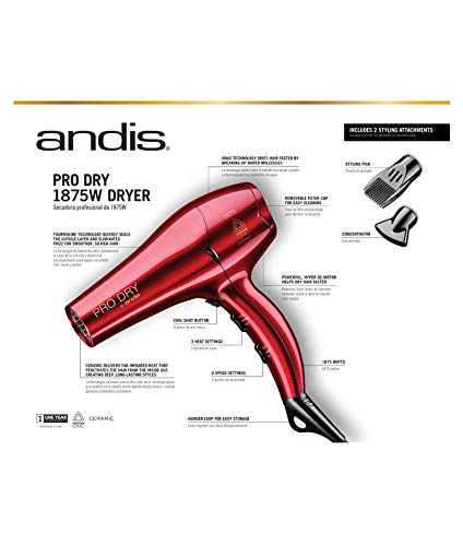 Andis 30245 1875W Tourmaline Ceramic Ionic Pro Dry Professional Hair Dryer with 3 Heat Settings/2 Speed Settings- Red