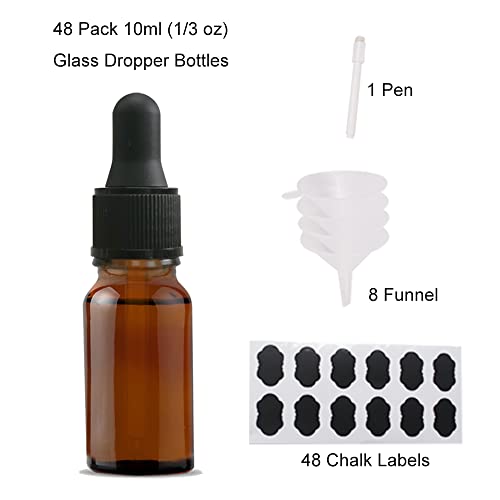 48 Pack 10ml Amber Glass Dropper Bottles with Black Droppers