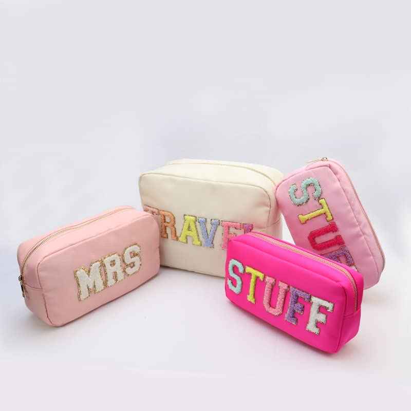 Kaymey Extral Large Cosmetic Bag Makeup Pouch Bag Case Nylon With Chenille Letter Patches (Beige#TRAVEL, XL)