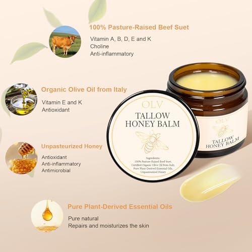 OLV Beef Tallow for Skin, Tallow and Honey Balm for Face Organic Grass-Fed Beef Tallow Balm with Raw Wild Honey, Natural Formula Moisturizing Cream for Body Face(3.38 fl.oz/Unscented)