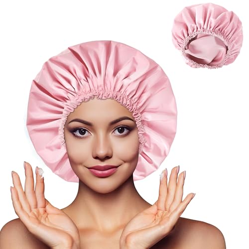 Large Waterproof Shower Cap for Women - Pink, Double-Layer Hair Bonnet