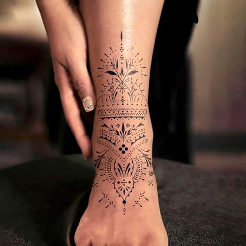 Tattoo Tech, 2 Sheets Henna Design Semi Permanent Tattoo, Black Boh?mian Totems Realistic Fake Temporary Tattoos for Men Women, Lasts 7-15 Days Arm Finger Stickers, Waterproof & Non-Reflective