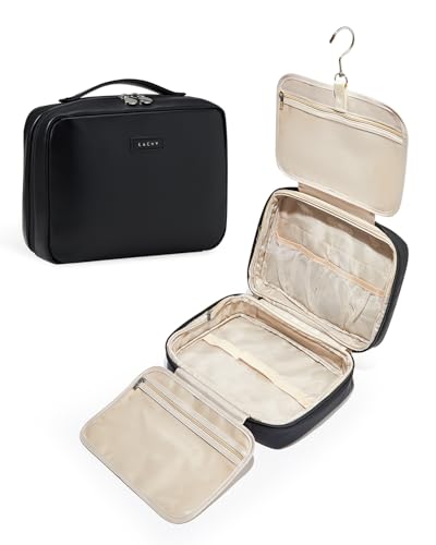 EACHY Black Travel Toiletry Bag with Hanging Hook, Waterproof Makeup Organizer