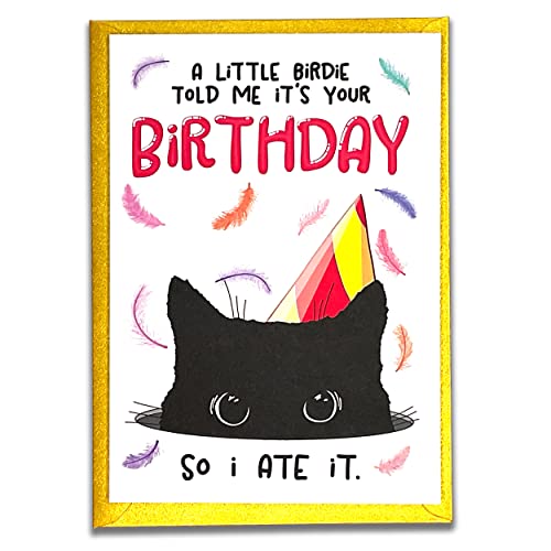 A Little Birdie Told Me It's Your Birthday So I Ate It, Black Cat Birthday Card, Funny Handmade Bday Card for Cat Mom, Cat Dad or Cat Lover