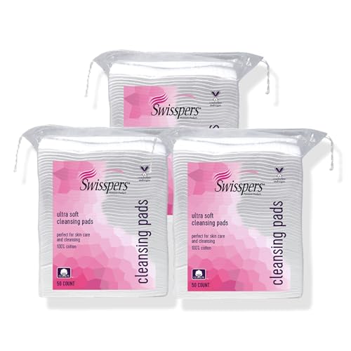 Swisspers Premium Facial Cleansing Pad, 100% Cotton, Ultra Soft, Extra Large, 50 White Pads per Reclosable Bag, 3 Bags (150 Pads Total)