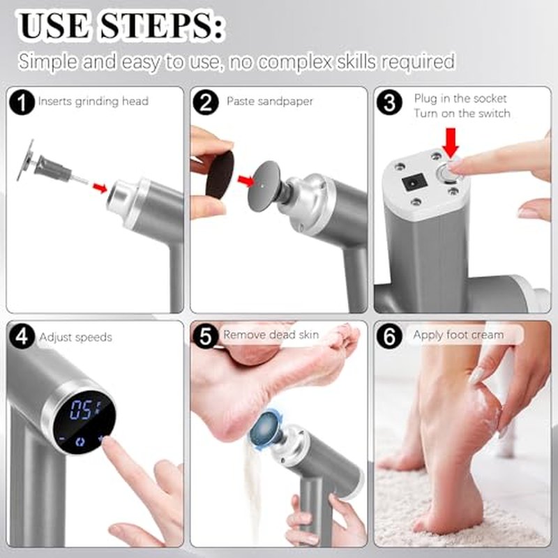 Electric Callus Remover for Feet - 10 Speed, 4500RPM, Gray