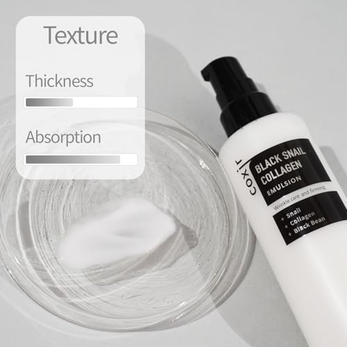 coxir BLACK SNAIL COLLAGEN EMULSION | Black Rice, Snail Mucin, Collagen, Hyaluronic Acid | Lightweight Face Moisturizer | Firming, Nourishing, Korean Skin Care [100ml/3.38 fl.oz]