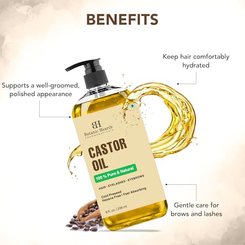 Botanic Hearth Pure Castor Oil 8 Fl Oz for Hair, Brows & Lashes