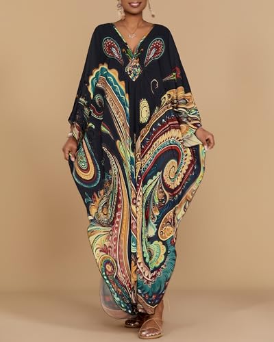 Bsubseach Plus Size Kaftan Dress with Pockets - Ethnic Print Beach Cover Up
