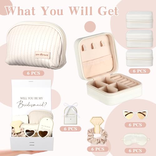 43 Pcs Bridesmaid Proposal Gifts Set of 6 Bridesmaid Boxes Bulk Will You Be My Maid of Honor Gift with Makeup Bag Case Eye Mask Glasses Hair Scrunchies Gift Box for Wedding Bride Shower(Beige)