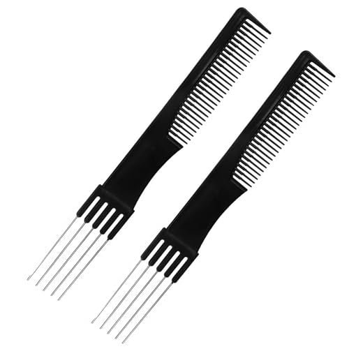 2 Pack Hair Teasing Comb with Metal Pick for Styling - Black