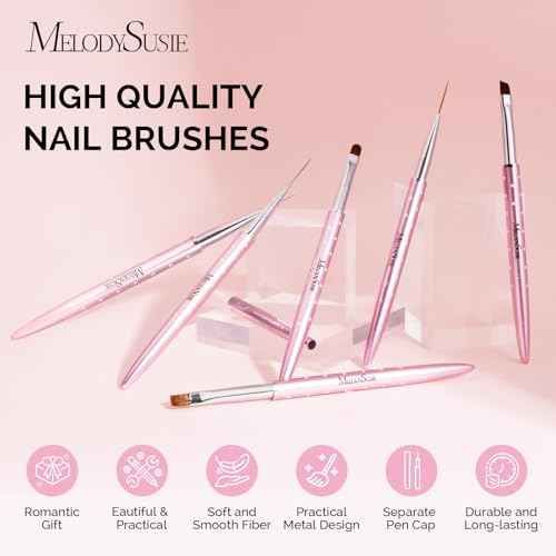 MelodySusie 6pcs Nail Art Brushes Set, Professional Pen Nail Gel Brush, Nail Extension and Builder Brush, Liner Brush 3 Sizes, Fashion Design for Home DIY Salon Use, Rose Gold