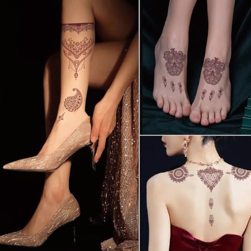 10 Sheets Henna Tattoos Temporary Stickers 10Pcs Brown Tattoo Templates Women Body Art Stickers for Wedding Party(10pcs Brown)